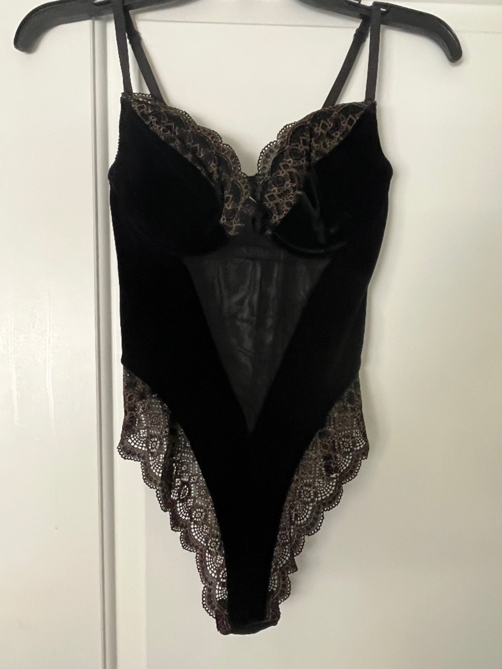 Y2K Victoria's Secret Black Velvet Mesh Lace Bodysuit 36B Goth Lingerie Boudoir